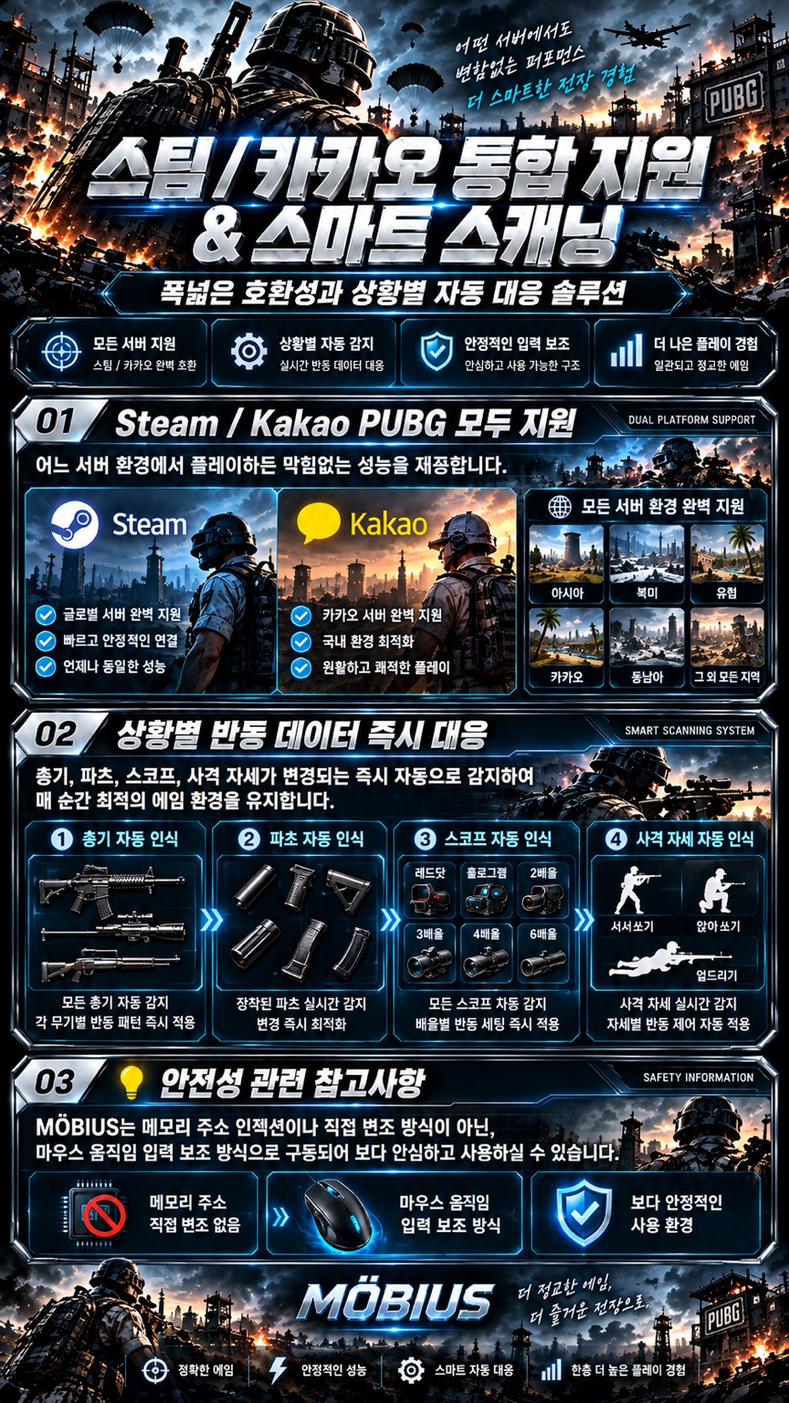 MÖBIUS Steam 및 Kakao PUBG 지원, 상황별 자동 인식 소개 이미지
